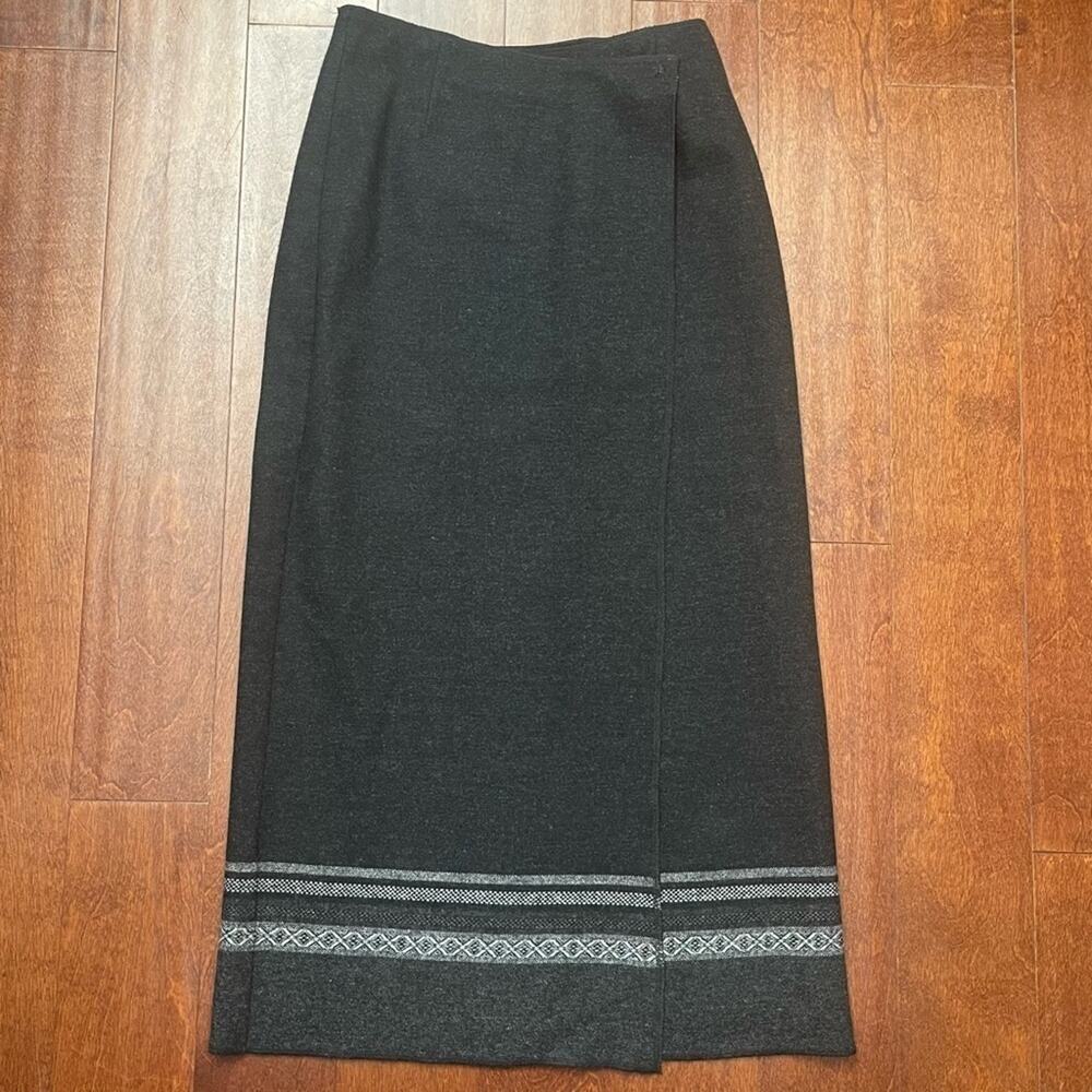 Vintage Eddie Bauer Dark Gray Wool Blend Maxi Wrap Skirt, Patterned Hem, Size 6